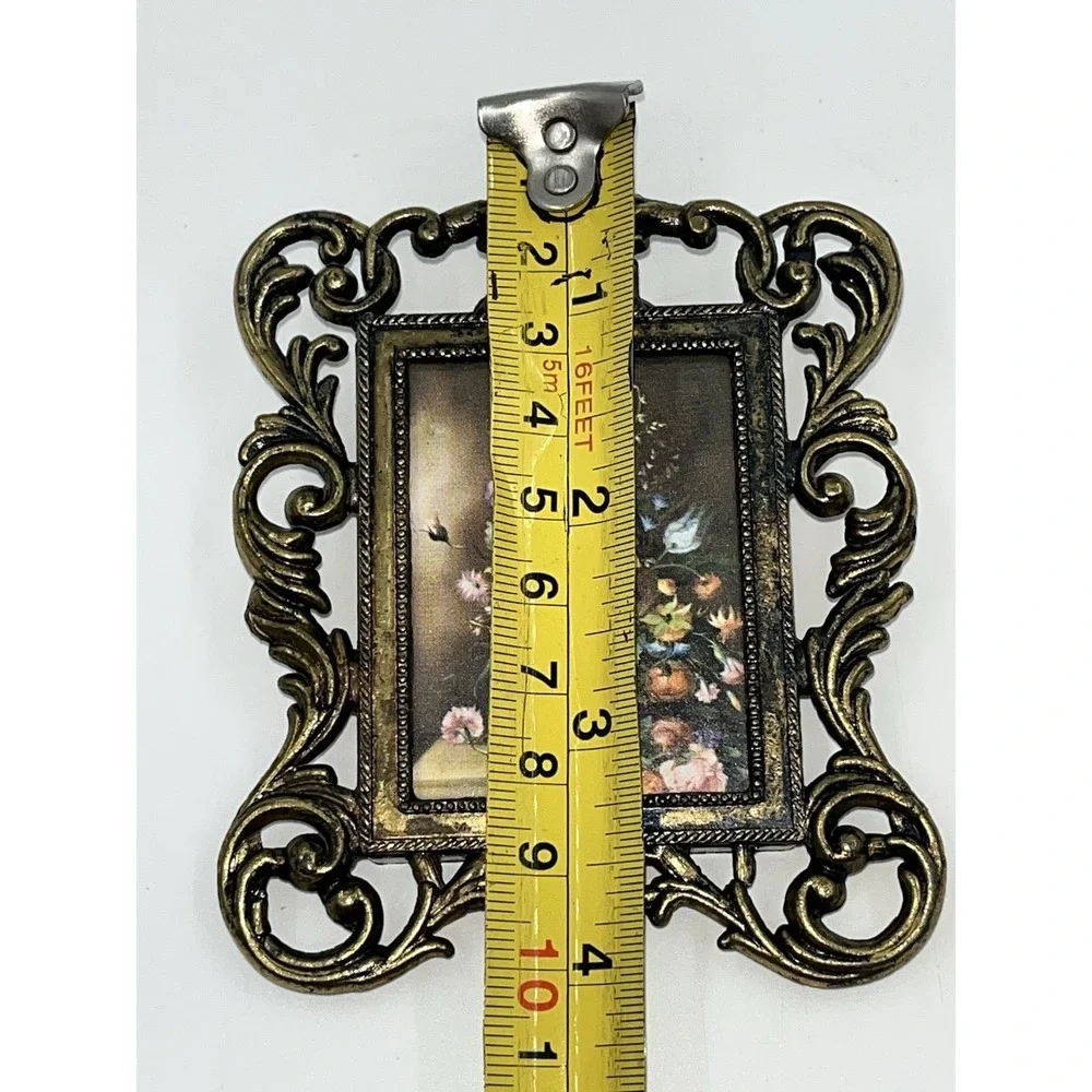 Vintage Italian Miniature Brass Frames Pair The Blue Boy And Floral 4